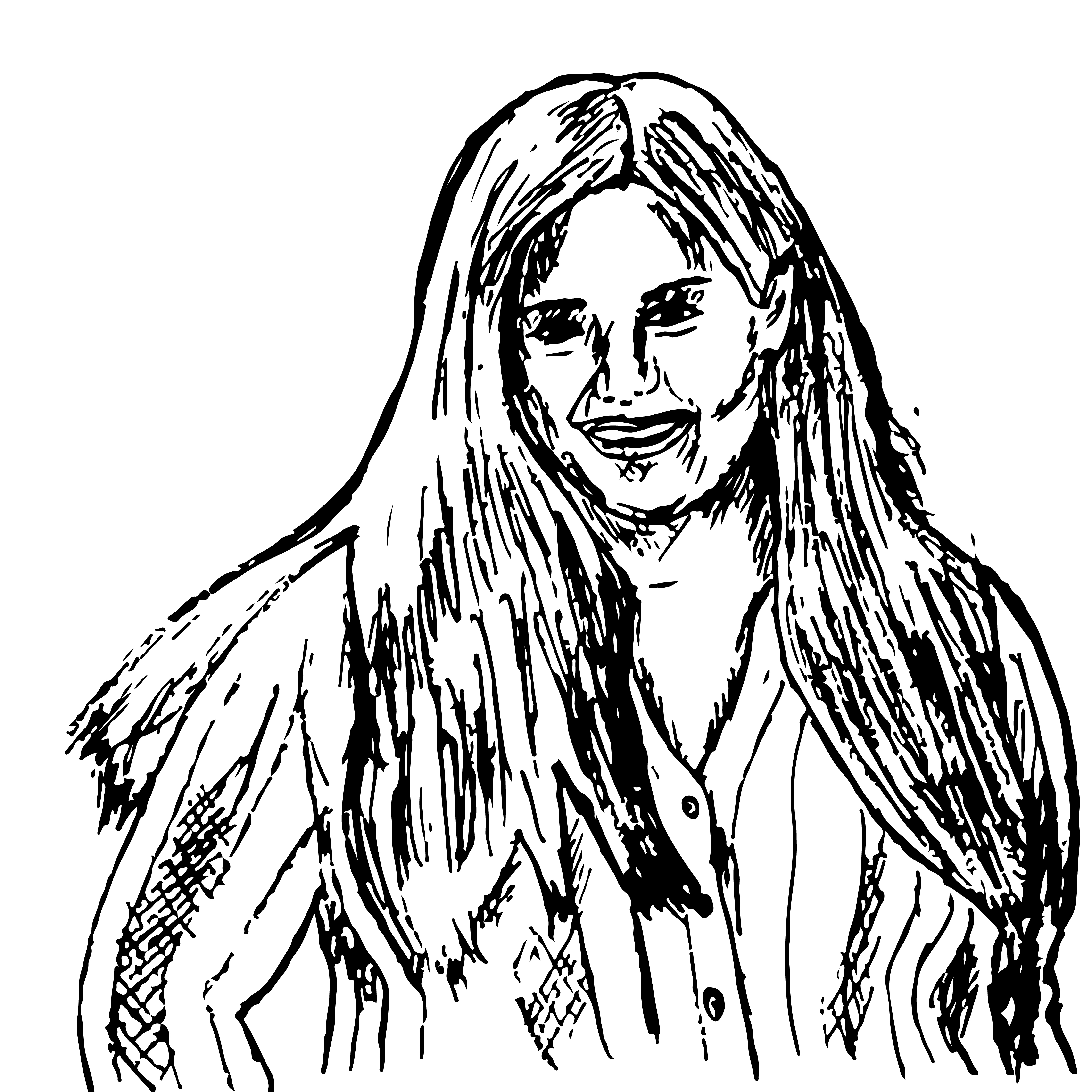 A drawing of a young Latina woman smiling at the camera, with her hands in her pockets.
