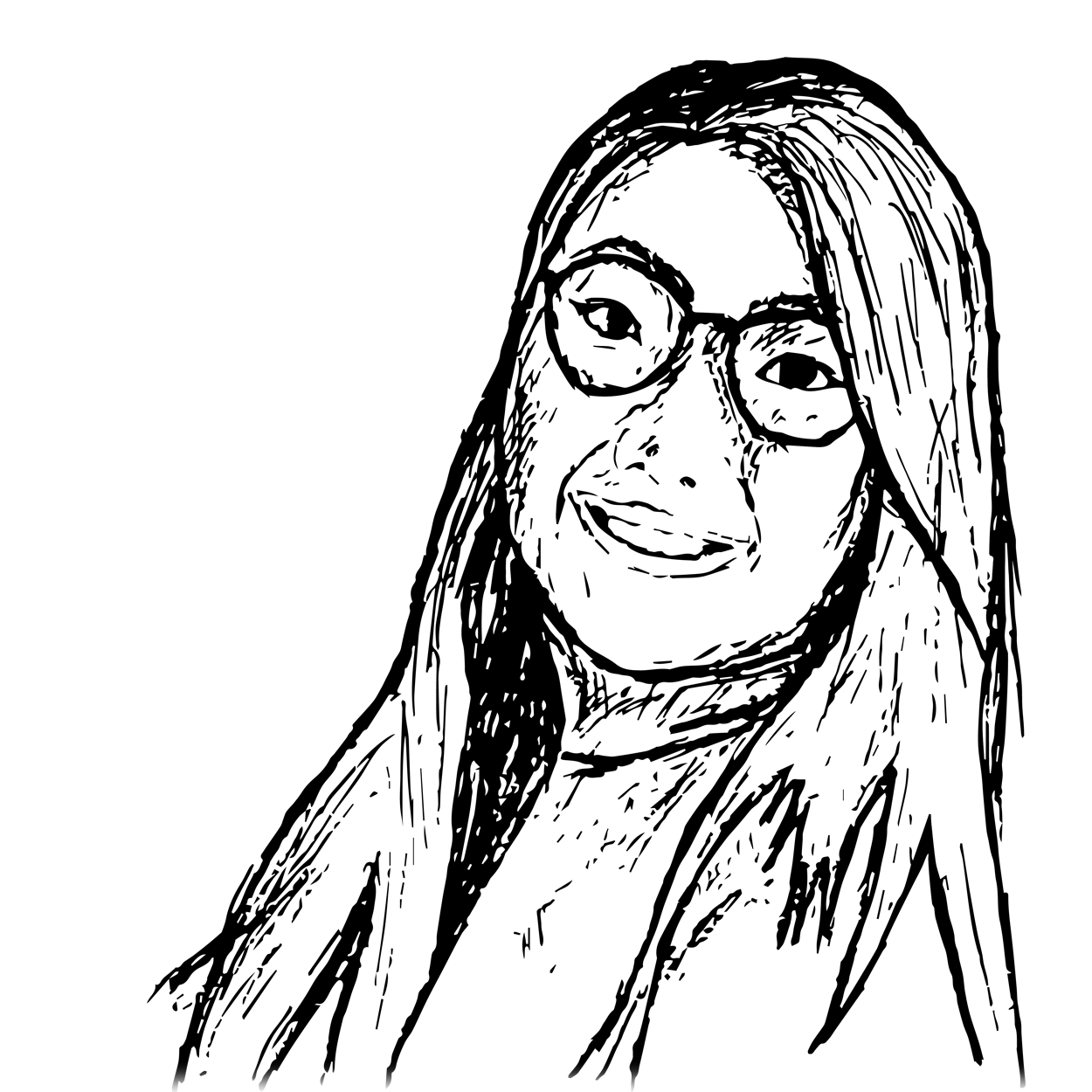 A drawing of a young Asian woman with glasses smiling at the camera